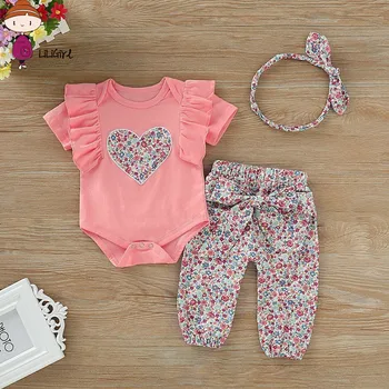 

Girls Newborn Clothes Set Short Sleeve T-shirt+print Pants+hairbands 3pcs Summer Baby Girls Clothes Set 0-18m Cute Bow Pants