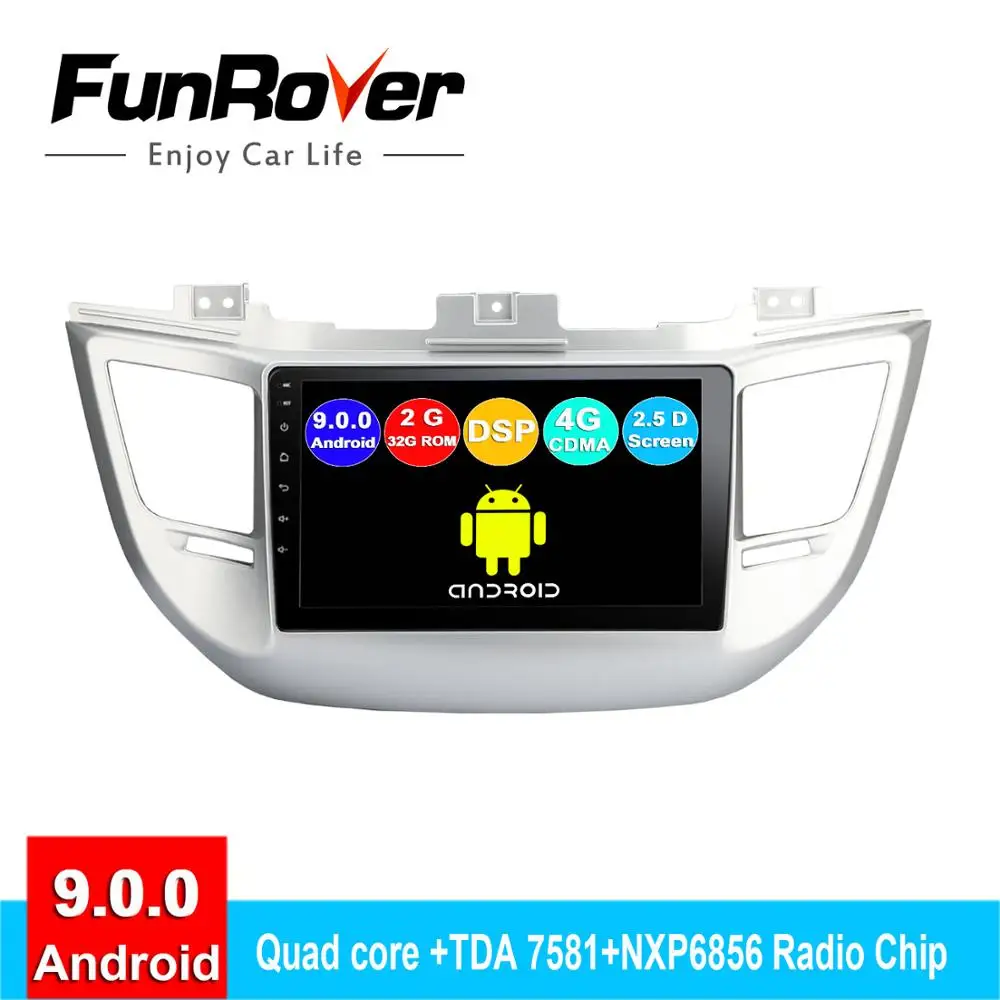 

FUNROVER android 9.0 2 din car dvd player For Hyundai Tucson ix35 2015 2016 2017 radio gps navigation stereo multimedia 2.5D DSP