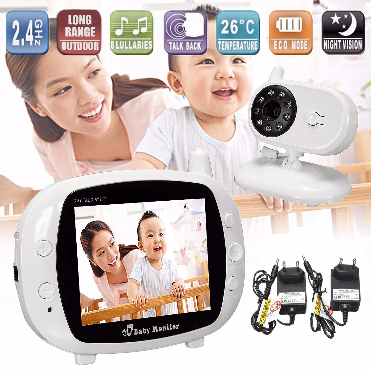 2.4G Wireless Digital 3.5" LCD Baby Monitor Camera 2 Way Audio Talk