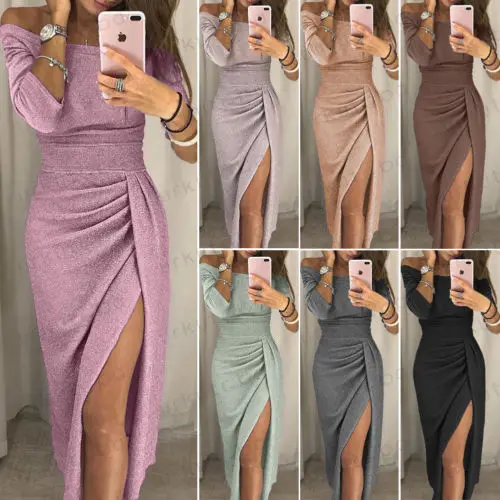 

UK Womens Cocktail Party Long Sleeve Bodycon Clubwear Long Split Dress Size 6-16