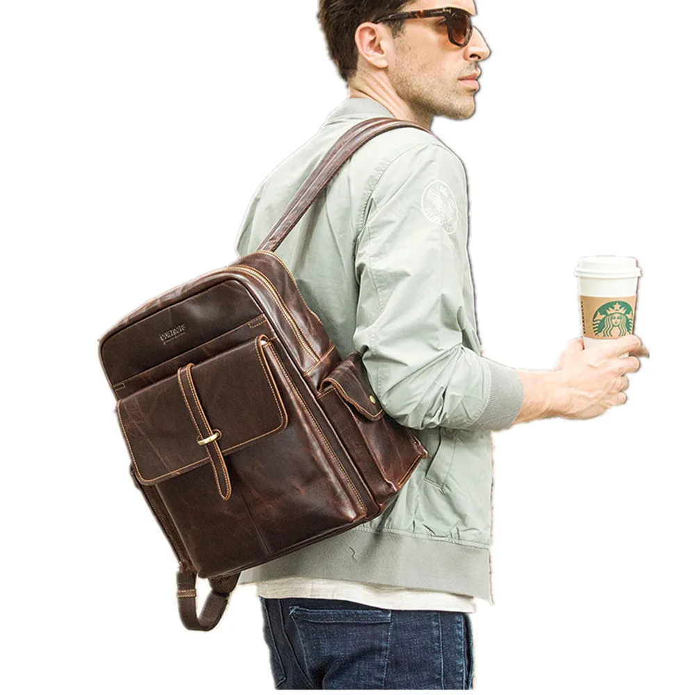 

Men's 100% Genuine Leather Backpack For 13.3 Inch Laptop Man Both Shoulders Package Cattlehide Male Back Pack Mochila Bagpack