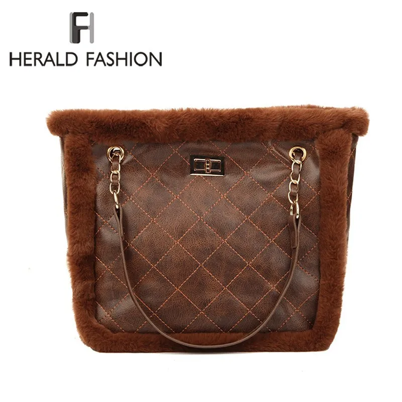 

Herald Fashion Vintage Leather Women Shoulder Bags Diamond Lattice Ladies Crossbody Bag Faux Fur Casual Female Tote Bags Sac