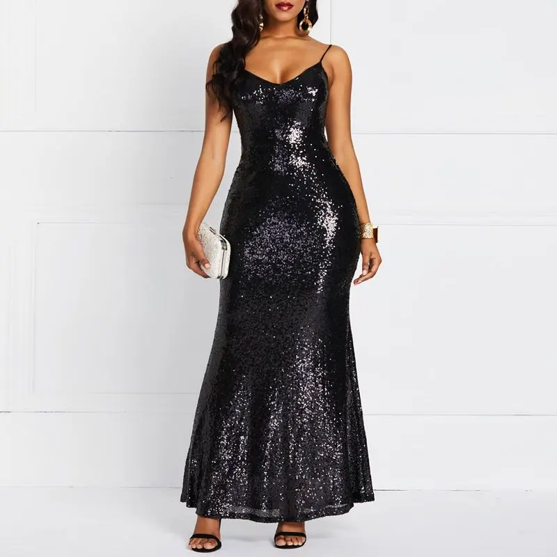

Sequins Long Dresses Women Party Elegant Reflective Sexy Bodycon Evening Backless Floor Length Summer Deep V Black Strap Dress