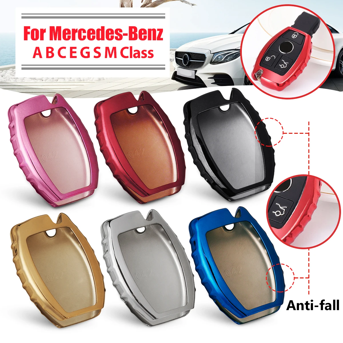 

for Mercedes for benz CLS CLA GL R SLK for AMG Car Remote Key Cover Soft TPU Case Shell Ring Key Chain Car Key Holder Suitable