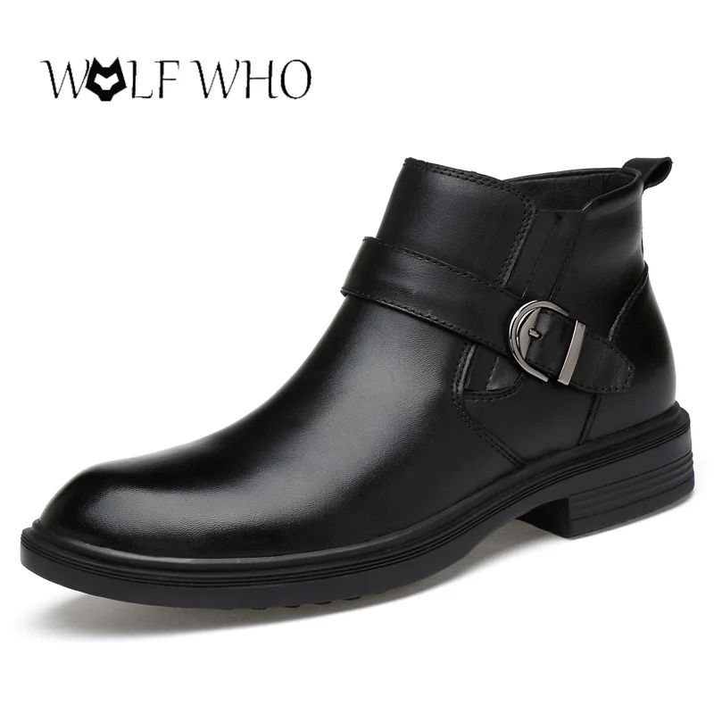 Wolf Who/зимние теплые меховые ботильоны «Челси», мужская обувь, мужская деловая повседневная обувь из натуральной кожи высокого качества, мужская обувь