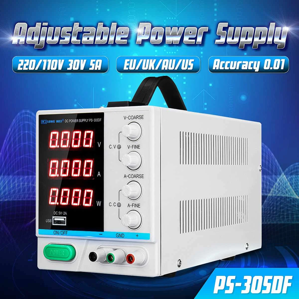 

PS-305DF 0.01 Accuracy 110V/220V 30V 5A Adjustable DC Power Supply Switching Regulated Power Supply W/ 5V 2A USB