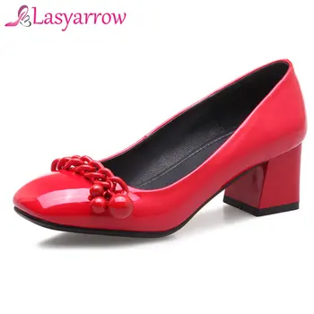 

Lasyarrow 2019 women pumps patent leather women shoes thick high heels square toe quality office party heels black red chains