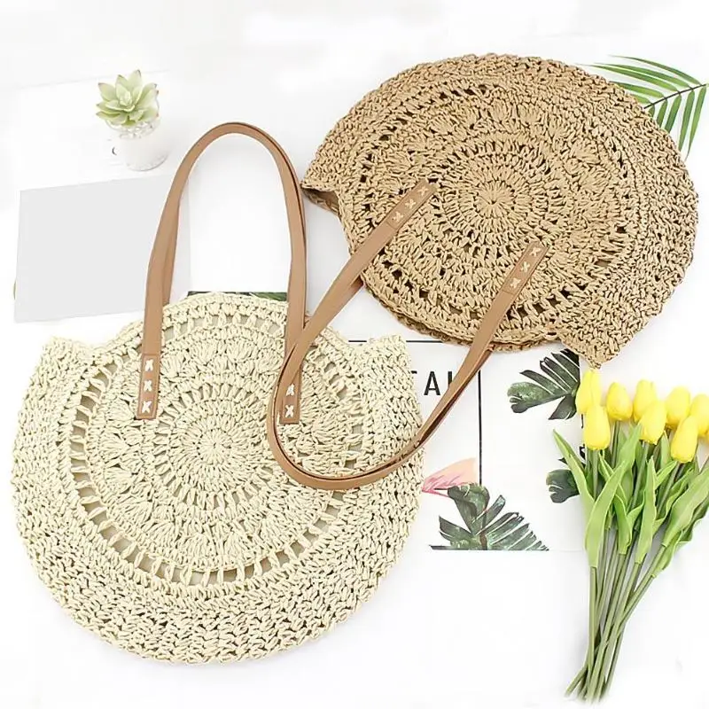 

Fashion Summer Straw Bag Girls Round Woven Hollowed Shoulder Handbags Women Beach Knitted Shopping Totes Bolsas Feminina Mujer