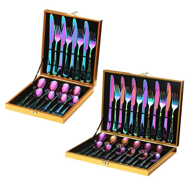 

16/24 PCS Rainbow Stainless Steel Cutlery Spoon Fok Tableware Set Party Gift Supplies Hotel Steak Set Happy New Year Gift