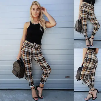 

Women Ladies High Waist Plaid Long Pant Trousers Ladies Fashion High Waist Drawstring Pencil Pants