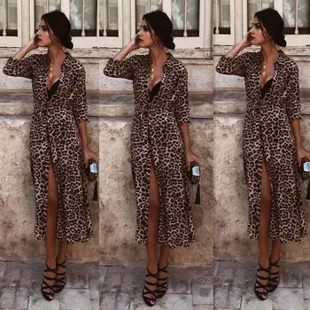 

Skirts 2018 New Brand Women Bodycon Slim Long Sleeve V-Neck Sashes Evening Party Leopard Print Skirts