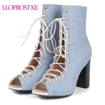 

Lloprost ke 2019 Summer Boots Sandals Peep Toe Thick High Heel Lace-Up Women's Boots Zipper Botines Mujer Plus Size 33-48 H182
