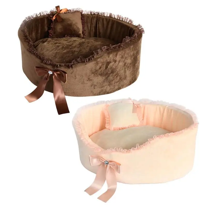 Best Pet Dog House Lace Bowknot Oval Shaped Warm Winter Flannel Pet Dog Basket Bed Cat Puppy Beds Nest Soft Sofa Sleeping Bag House