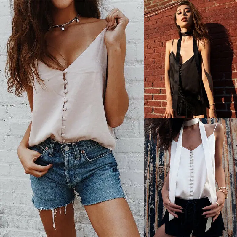 

New Women Girls Fashion Casual Summer Solid Silk Deep V Neck Tank Tops Sleeveless Casual Vest Tank Top
