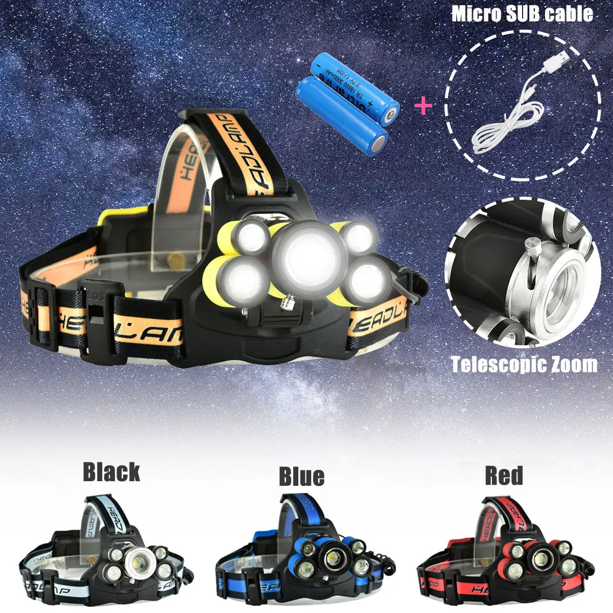 

Zoomable Headlight 3*T6+2*Q5 LED Head Lamp USB Rechargeable Flashlight Torch Head Light Fishing Lanterna Use 18650 Battery