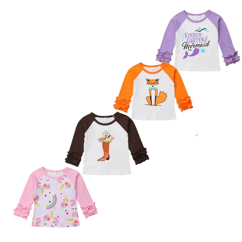 2019 New Ruffles Long Sleeve Shirt Print Design Blouse T-shirt Top Clothes For Girl Kid Baby 4 Colours | Детская одежда и обувь