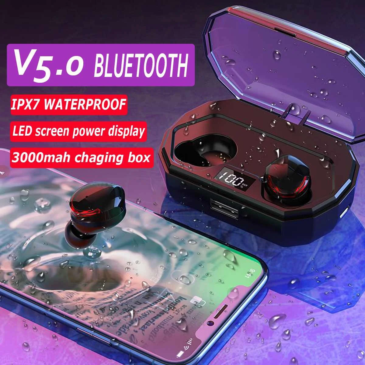 

Bluetooth 5.0 Wireless Earphone Headset IPX7 Waterproof CVC8.0 Noise Cancelling 3000mAh Charging Box Power Bank for Phone tablet