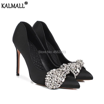 

KALMALL Luxury Stiletto Pumps Black Red Satin Silk Women High Heels Zapatos Mujer Tacon Crystal Bowknot Rhinestone Wedding Shoes