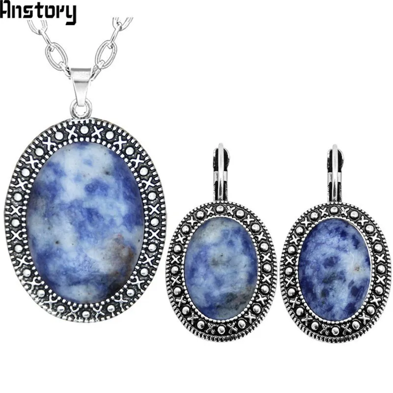 

Oval Natural Flower Stone Jewelry Set Necklace Hook Earrings Antique Silver Plated Stainless Steel Chain Fashion Jewelry TS391
