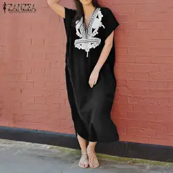 2019 летнее платье Vestidos ZANZEA женское винтажное принтом Повседневное платье макси с глубоким v-образным вырезом сарафан длинное женское