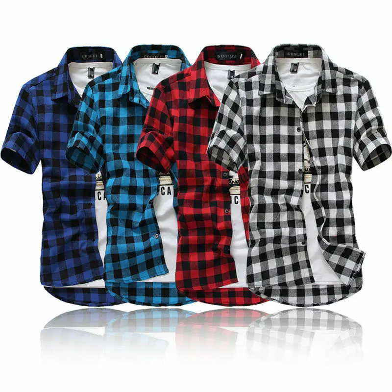 Fashion Mens Summer Casual Dress Shirt Mens Plaid Short Sleeve Shirts Tops M-3XL