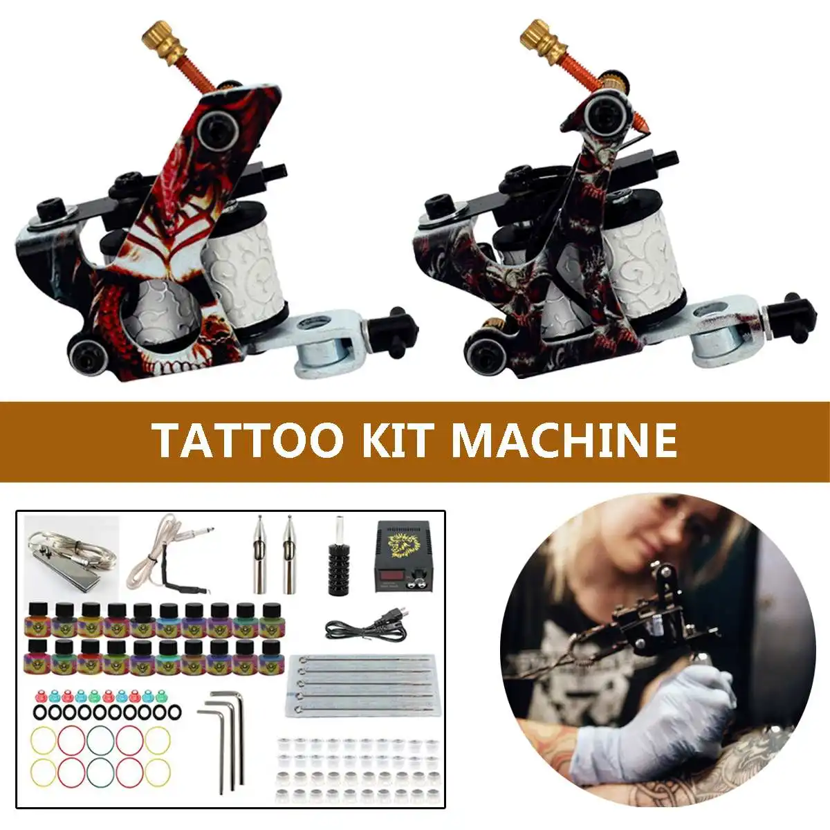 

Professional Tattoo Kit Set 2 Coil Machines 20 Colors Ink Permanent Makeup Tattoo Kit LED Digital Display Power Supply Body Art