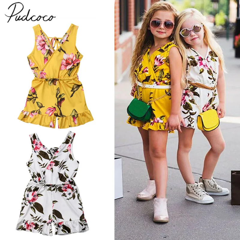 

2019 Brand New Cute Infant Baby Kids Girls Floral Sleeveless Romper Jumpsuit Outfits Kimono Style Playsuits Clothes 1-6T