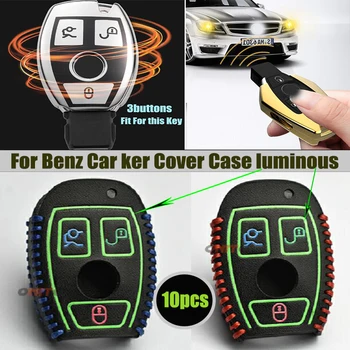 

10pcs Leather Luminous Car key Case Bag For Mercedes-Benz E300L C180L GLC260 GLE GLA200 AMG Series 3button Auto Key Cover Shell