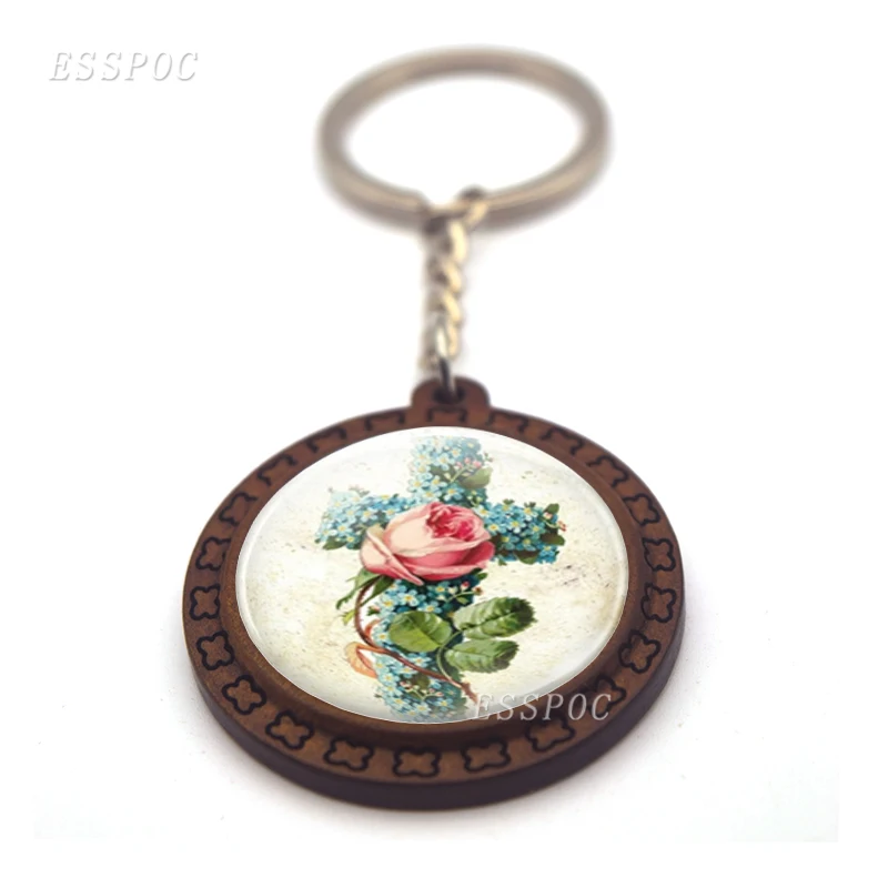 

Flower Cross Keychain Carved Wooden Christian Gift Key Chain Key Rings Religion Pendant