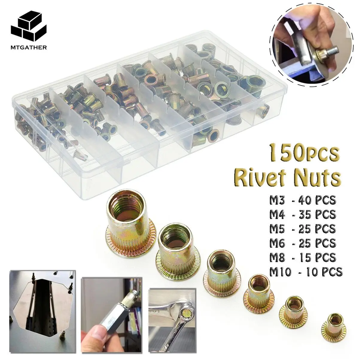 

MTGATHER 150pcs Mixed Zinc Plated Carbon Steel Rivet Nut Kit Tools Set M3/5/6/8/10 Boxed Suit
