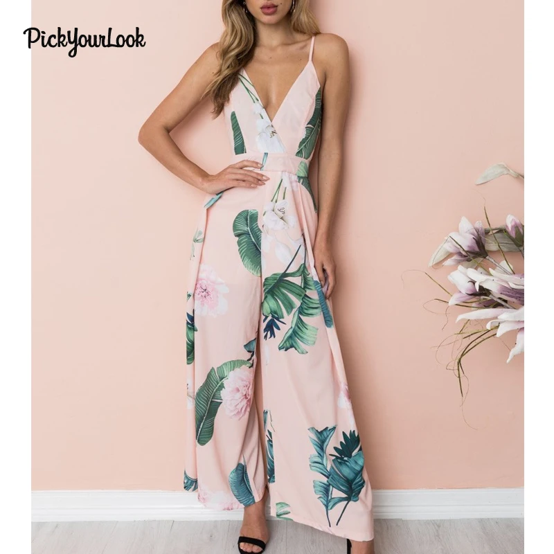 PickyourLook Summer Jumpsuit V Neck Floral Print Rompers Womens Jumpsuit Spaghetti Strap Jumpsuits Wide Leg Sleeveless Jumpsuits