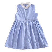 Темно-синее шифоновое платье в полоску для девочек-подростков в школьном стиле летнее Повседневное платье без рукавов на пуговицах для девочек от 4 до 14 лет