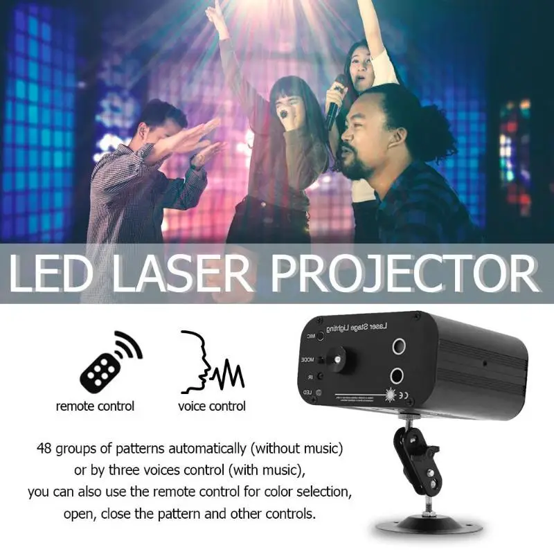 

3 Holes 48 Pattern LED Laser Projector Voice Control Stage Flash Light DJ Disco KTV Party Club Lamp EU/US/UK/AU Plug