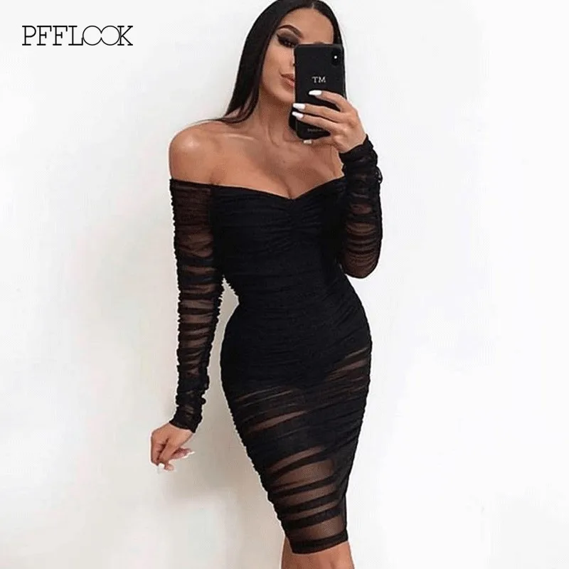Женское прозрачное Сетчатое платье PFFLOOK длинное с открытыми плечами и оборками