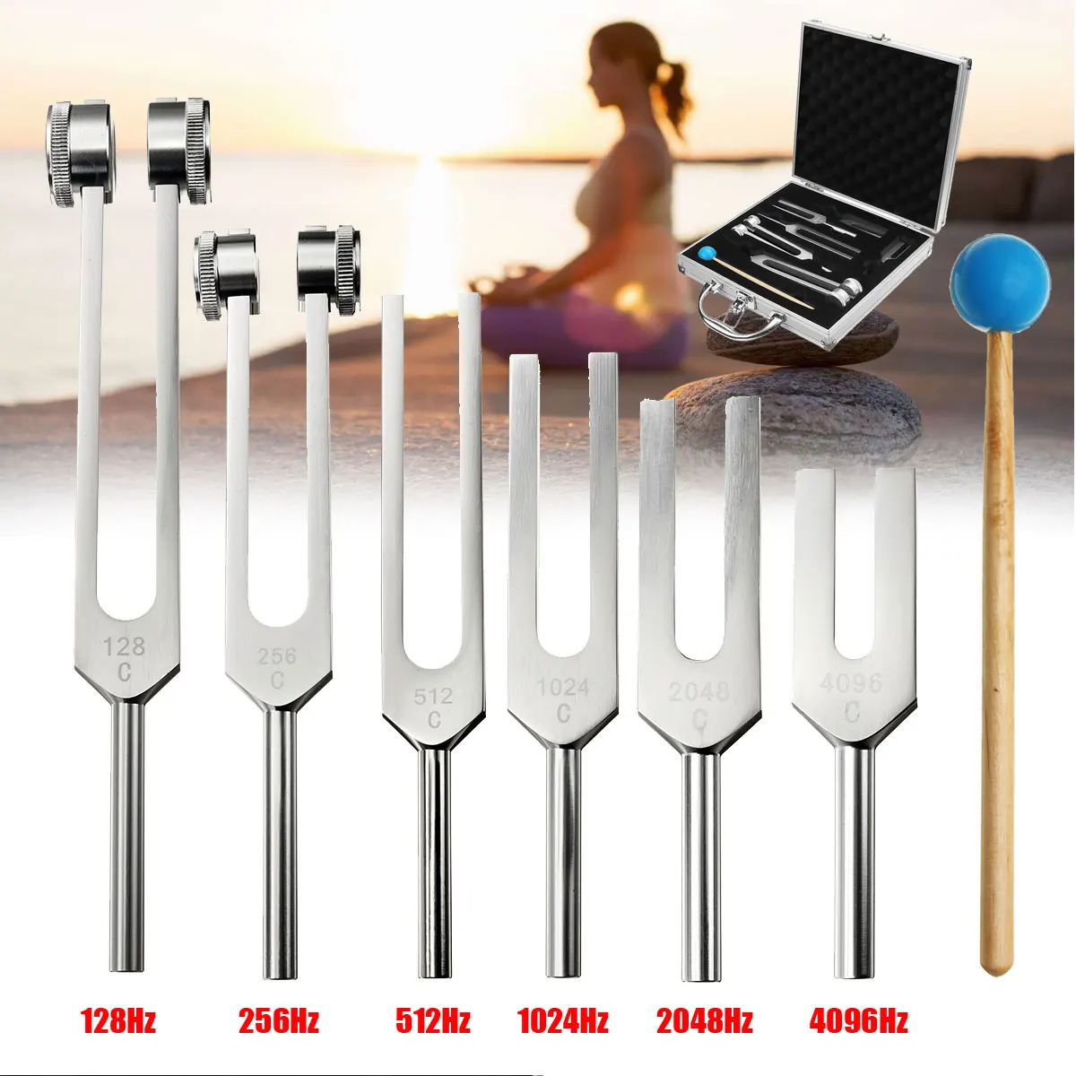 

6Pcs Aluminum Medical 128-4096Hz Tuning Fork Tools Kit Healing Sound Vibration Therapy w/ Mallet