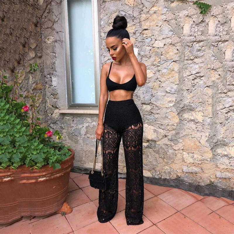 

Women Sexy Clothes Sets Fashion Bra Camis Crop Tops High Waist Lace Pants Trousers Black White Transparent Hollow Clothes Sets