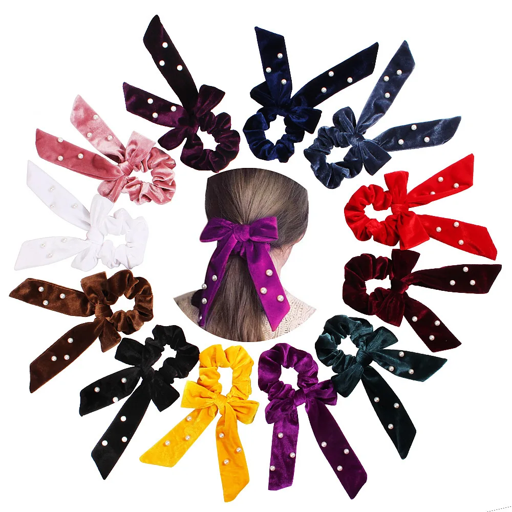 

Quality Velvet Scrunchies For Women Solid Velour Pearls Hair Bow Streamers Hair Bands Large Scrunchy For Pony Tail Hair Access