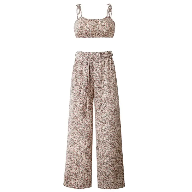 

Women Outfit Boho Floral Print Sexy Camis Crop Top Wide Leg Pants Summer Beach Backless Elegant Sweet Fashion Pink Two Piece Set