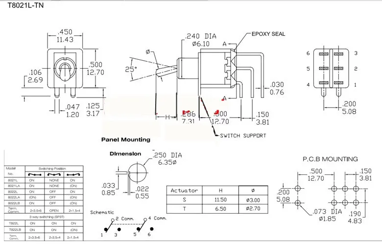 Миниатюрный запирающий переключатель T80-T вкл. На 6 контактов DPDT 2 положения 3A/250V 5A/125V 6 мм T8012L