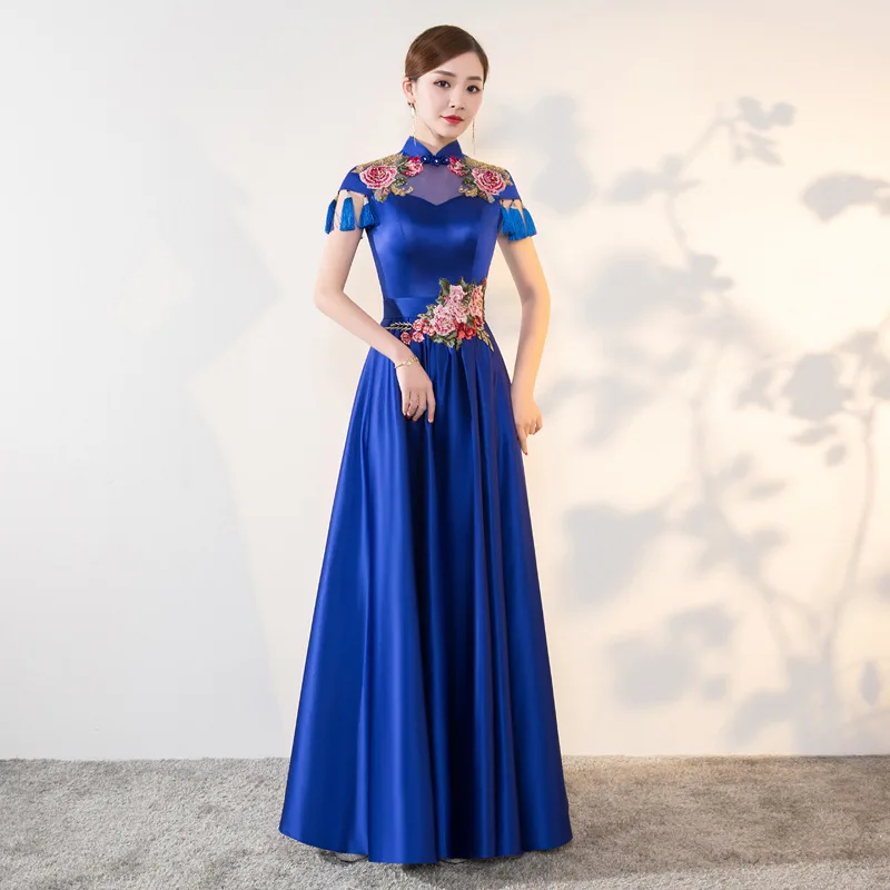 Qipao de noche bordado vestidos Cheongsams chino vestido de boda China Cheongsam princesa azul Baile Oriental ropa - 1