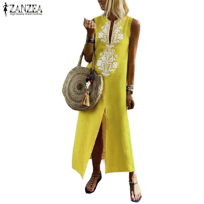 

ZANZEA 2019 Summer Dress Women Print Long Maxi Vestidos Ladies Sexy Deep V Neck Sleeveless Sundress Beach Robe Femme Plus Size