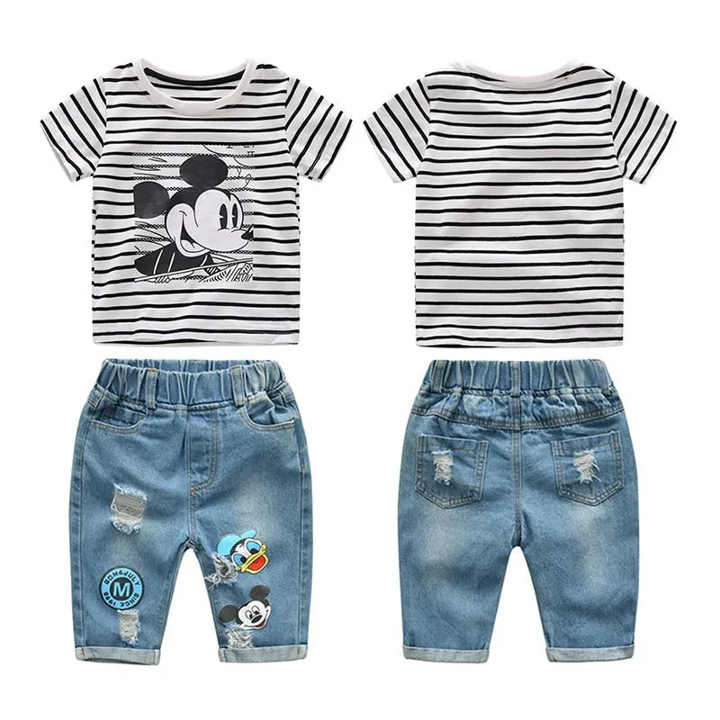 Summer Infant Boys Girls Cartoon Striped T Shirt + Denim Shorts Clothes 2pcs Sets Children Kids Hole Jeans Clothing