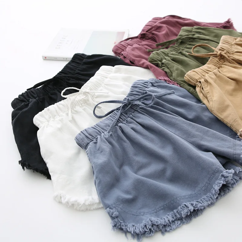 

Casual Washing Flash Hotpants Women Casual Solid Drawstring Wide Leg Short Female Blue Khaki Elastic Waist Trouser Bottoms