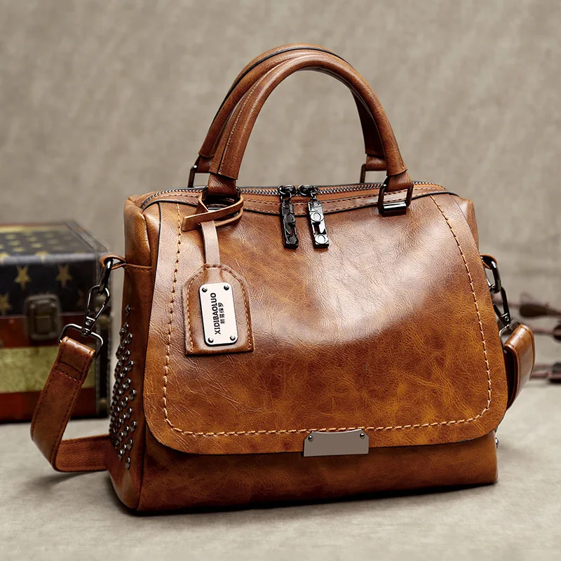 Винтажная Бостонская роскошная сумка из натуральной кожи, женские сумки-мессенджеры, дизайнерские сумки с заклепками, масляная восковая кожаная сумка на плечо, сумка почтальона