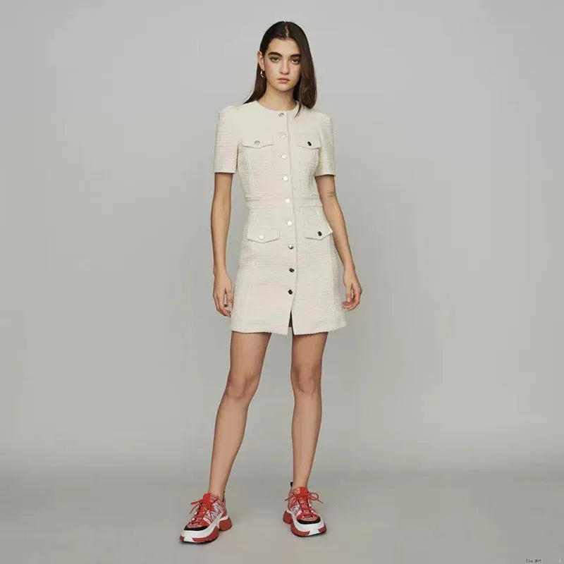 

2019 Summer Runway Elegant Single Breasted Mini Dress Women's Short Sleeve Pocket Ladies Party Short Dresses Clothes
