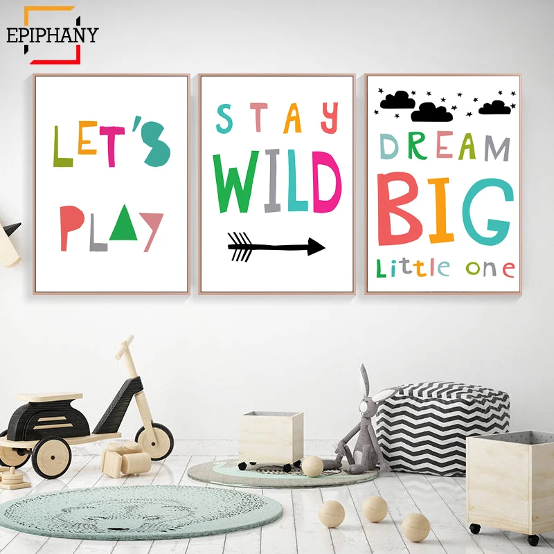 Salle De Jeux Mur Art Decor Lettrage Imprimer Colore Enfants Citation Peintures Reve Grand Petit Nordique Photos Filles Chambre Decoration Aliexpress