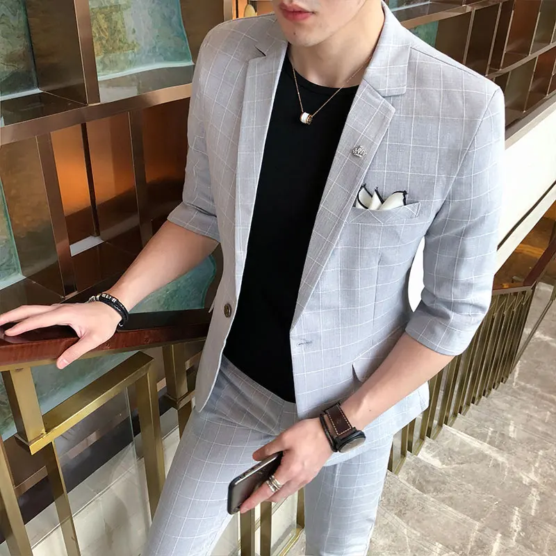 2019 New Pattern Male Sleeve Man's Suit Plus 7 Part Majestic Pants Youth Self-cultivation Check Twinset Fashion Best Thin Black