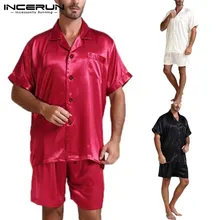 INCERUN летний модный, Шелковый, сатиновый пижамный комплект для мужчин, мягкая Домашняя одежда, футболка с коротким рукавом, шорты, два предмета, Мужские пижамные костюмы, S-5XL