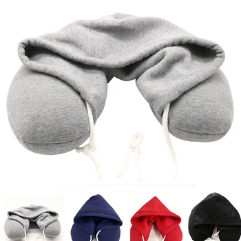 

Soft U Type Neck Pillow Hoodie Microfiber Neck Rest Pillow with Drawstring Travel Afternoon Nap Cushion Cover