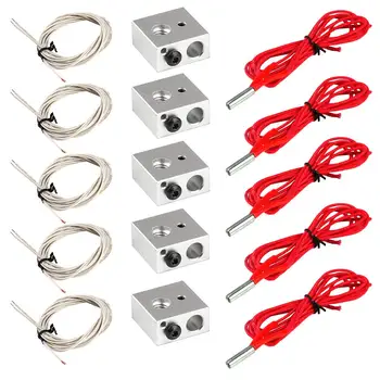 

5Pcs Aluminum Heater Block For Mk7 / Mk8 3D Printer And 5Pcs Ntc 3950 100K Thermistor With 1 Meter Wiring And 5Pcs 12V 40W 620